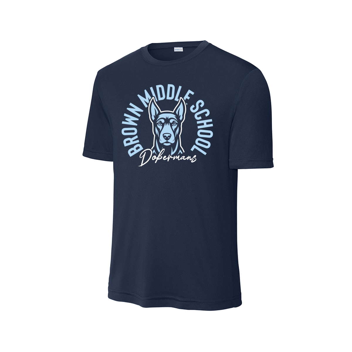 Brown Middle School - Doberman Circle Script - Navy Shirt